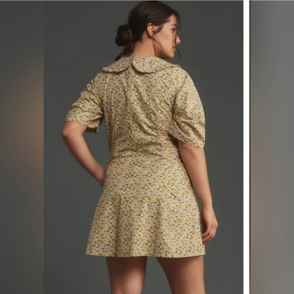 Anthropologie Yellow Lightweight Floral Cotton Collared Puff Sleeve Mini Dress - Picture 16 of 16